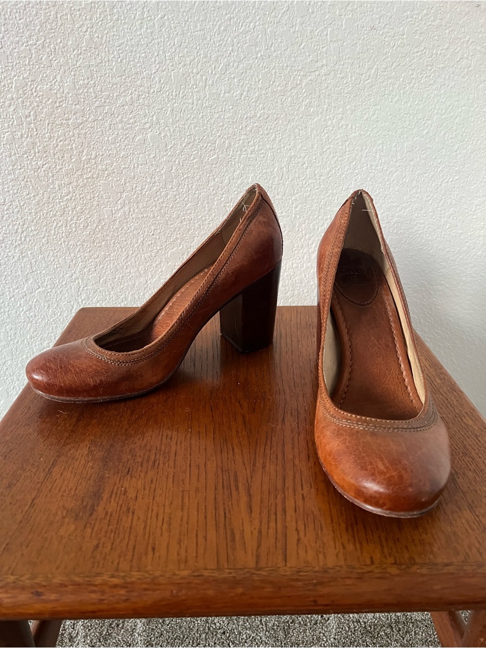 Frye Cognac Leather Block Heel Pumps